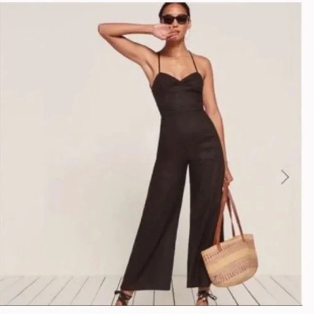 Reformation Oregano Linen Wide Leg Jumpsuit in Black Sz 4